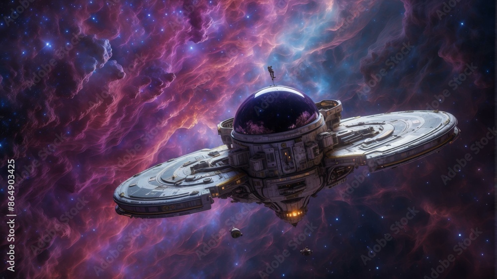 Poster a spaceship is floating in space with a purple background. ai.