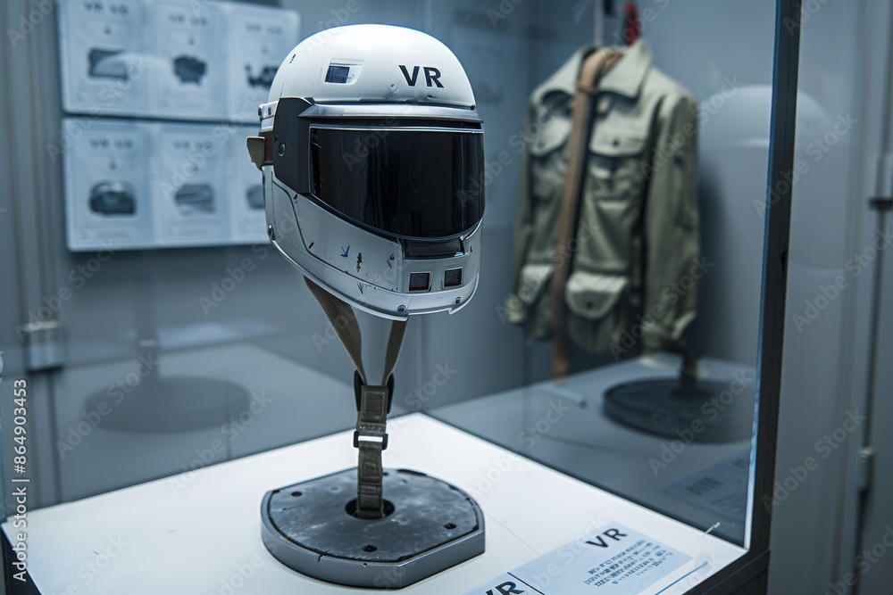 Poster futuristic vr helmet on a display stand, representing advanced virtual reality technology and innova