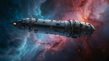 Fototapeta premium A spaceship is floating in space with a nebula behind it. AI.
