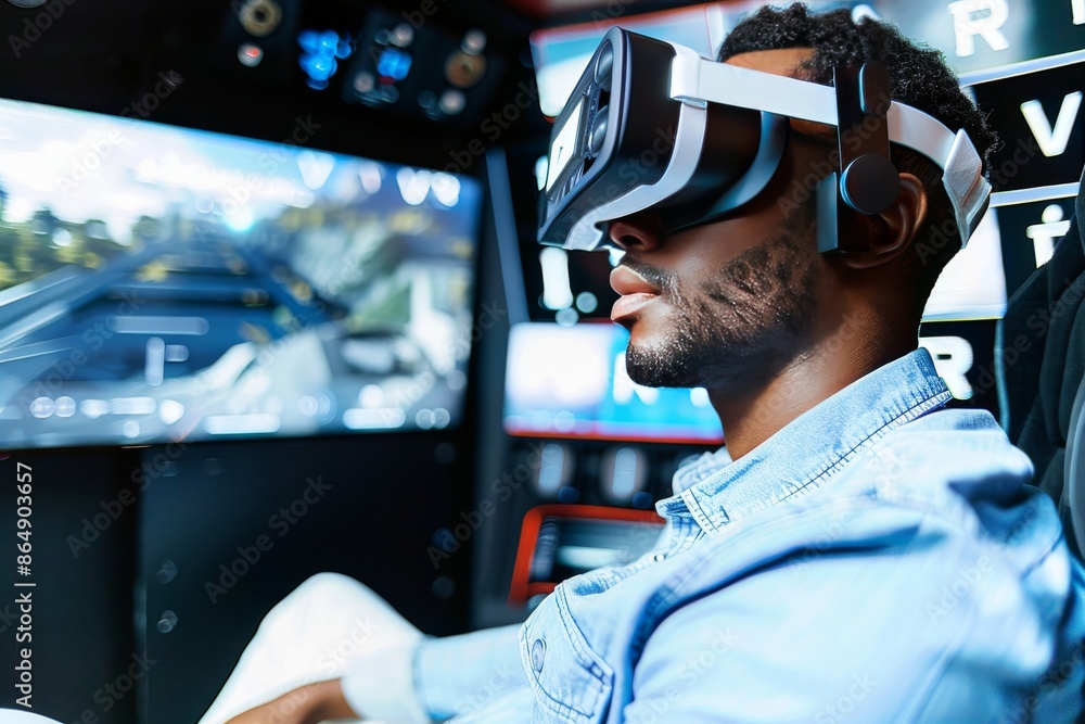 Poster man using vr headset in a driving simulation, experiencing immersive virtual reality and advanced di