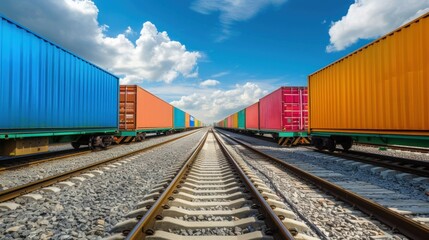 Fototapeta premium Colorful Freight Trains on Railway Under Blue Sky