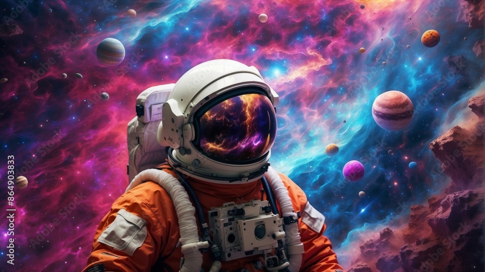 Poster an astronaut in outer space with planets and stars surrounding him. ai.
