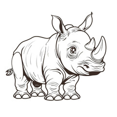 Fototapeta premium Cartoon rhinoceros, outlined for coloring, on a white background.