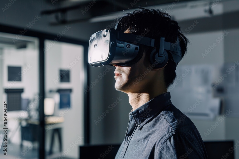 Aufkleber man using vr headset in a modern office, exploring immersive virtual reality and advanced digital te