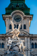 Historic city of Trieste. Between ancient buildings and reflections on the sea. Autumn day and...