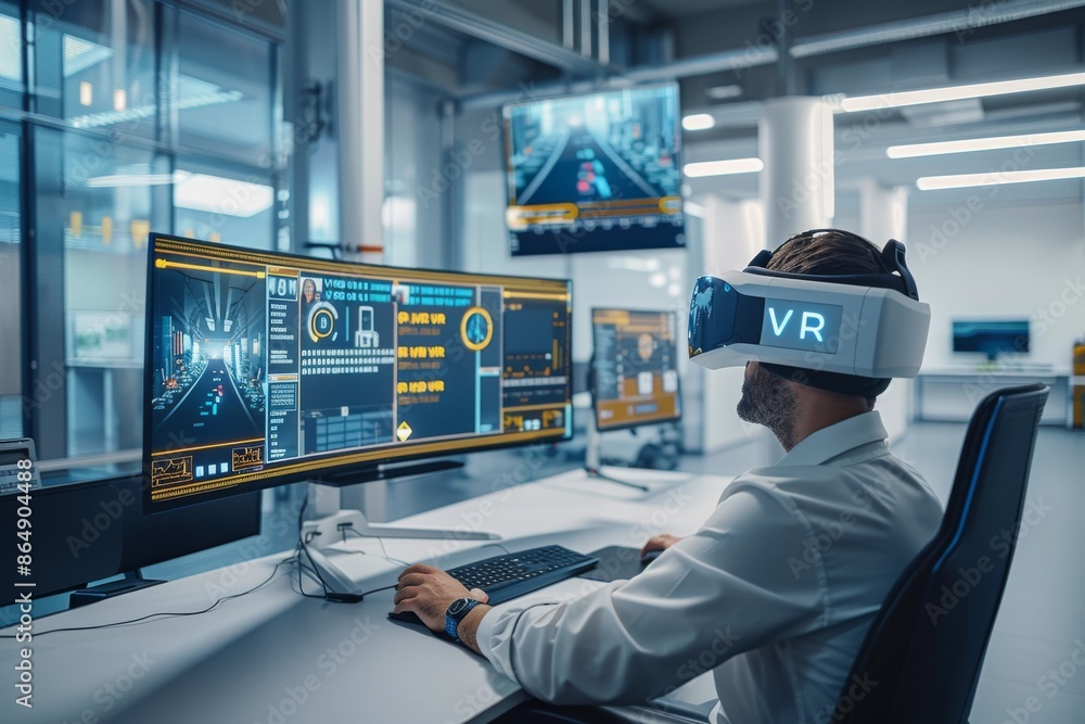 Aufkleber woman using vr headset in a tech lab, exploring immersive virtual reality and advanced digital techn
