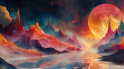 Modern art mural featuring a surreal landscape, dreamlike scenery with abstract, surreal elements, in a 16:9 ratio.