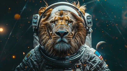 Cute lion in space wearing spacesuit. Exploration concept, space glaxy background, full body