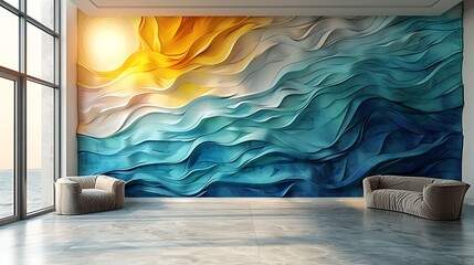 Modern art mural featuring abstract ocean waves, stylized flowing waves in vibrant blues and greens, in a 16:9 ratio.