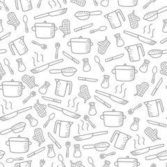 Kitchen utensils seamless pattern background. kitchen set seamless pattern background. hand drawn doodle of kitchen set pattern background. Doodle illustrations of cooking utensils seamless pattern.