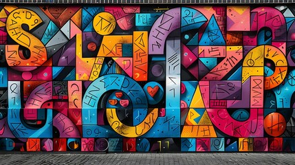 Modern art mural featuring abstract typography, letters and words distorted and arranged artistically.