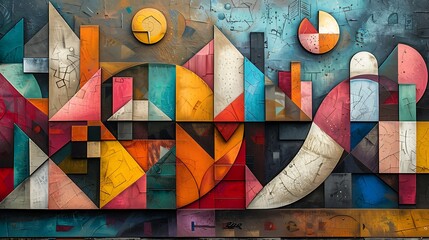 Fototapeta premium Modern art mural featuring an abstract cityscape, simplified shapes representing a bustling city, in a 16:9 ratio.