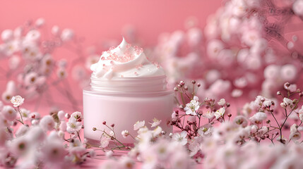 Fototapeta premium Jar of cosmetic cream with open lid and pink flowers. Generative AI 