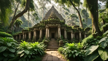 Ancient temple in the jungle, overgrown with lush vegetation