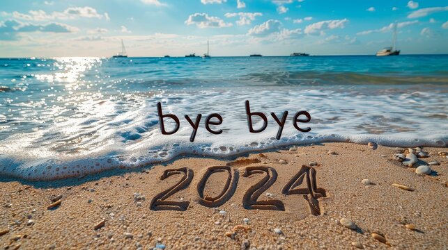 From 2024 to 2025, text written on beach,bye bye 2024 on brown sand and sea wave, new year concept,Good bye 2024 hello to 2025 happy New Year coming concept,top view.