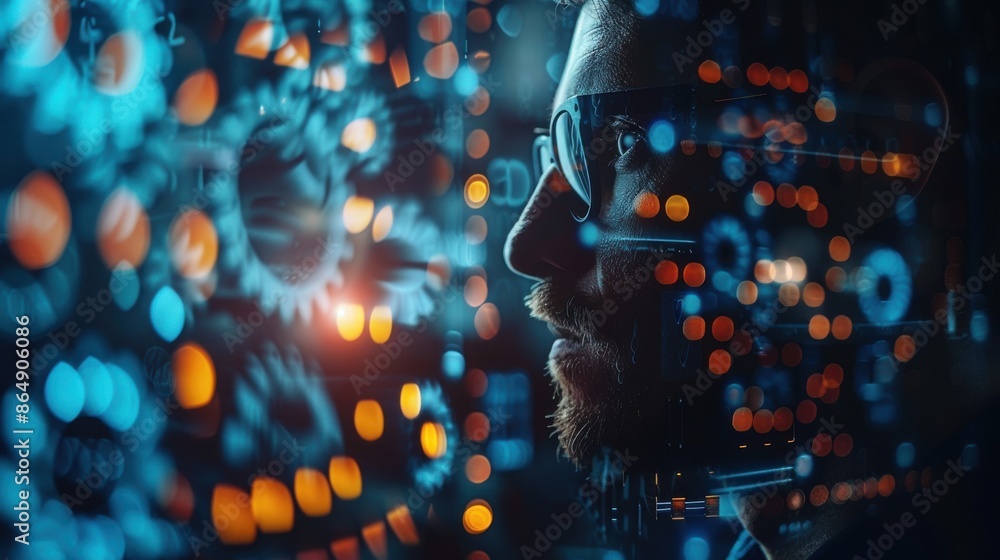 Poster futuristic technology interface with data visualization overlays and a man in glasses in focus, symb