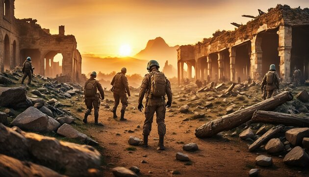 Post-apocalyptic landscape with ruins of buildings and mutants scavenging the area