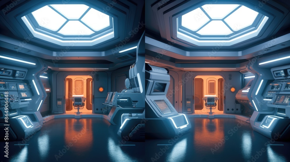 Poster picture of interior design in futuristic spaceship with convenient monitor controller technology for
