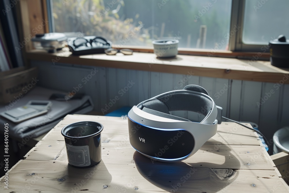Aufkleber man using vr headset in a modern home, experiencing immersive virtual reality and advanced digital t