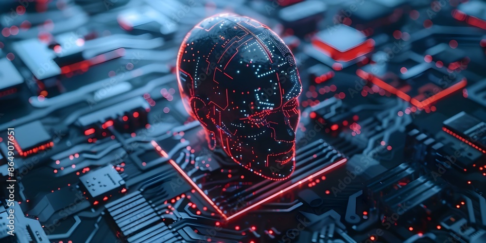 Poster integration of human brain with electronic circuits a visual representation. concept brain-computer 