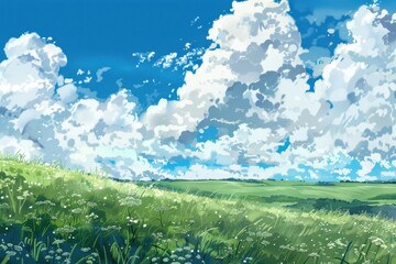 Grass Field landscape with blue sky and white cloud. Blue sky clouds sunny day wallpaper. Cartoon illustration of a Grass Field with blue sky in Summer. green field in a day.