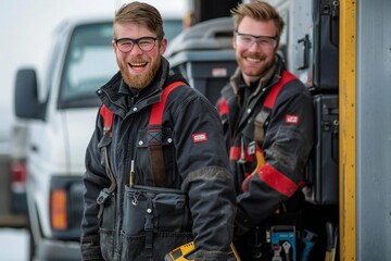 Portrait of two laughing male electricians, one with a well-groomed beard, wearing eyeglasses, carrying tool boxes and standing against a truck while looking at the camera.