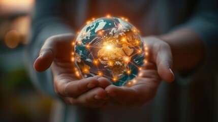 Fototapeta premium Closeup of hands holding a glowing globe with wind turbines, renewable energy, global impact
