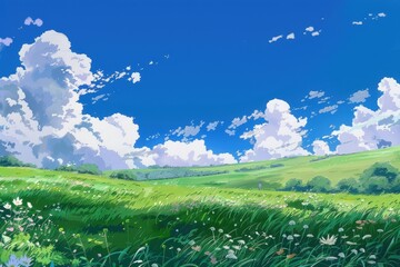 Obraz premium Grass Field landscape with blue sky and white cloud. Blue sky clouds sunny day wallpaper. Cartoon illustration of a Grass Field with blue sky in Summer. green field in a day.