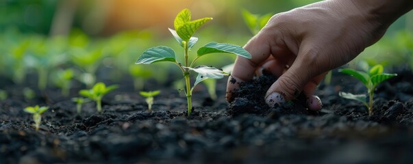 Farmer applying biochar to enhance soil fertility, sustainable agriculture, carbon sequestration