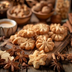 Fototapeta premium Nut cookies, walnut biscuits, butter cookies, crackers pile in shape of flowers, snowflakes, stars, round shortbread