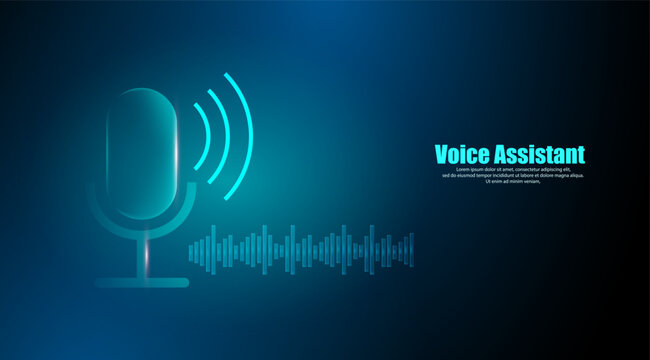 Voice recognition and a microphone help the virtual assistant answer.  Futuristic technology background