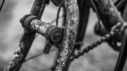 A detail shot of the bikes kickstand rusted but still functioning reliably. Black and white art