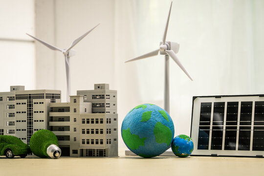 A businesswoman working at a desk in sustainable urban development, promoting eco-friendly futures with green condos and buildings, fostering a clean environment-friendly future.