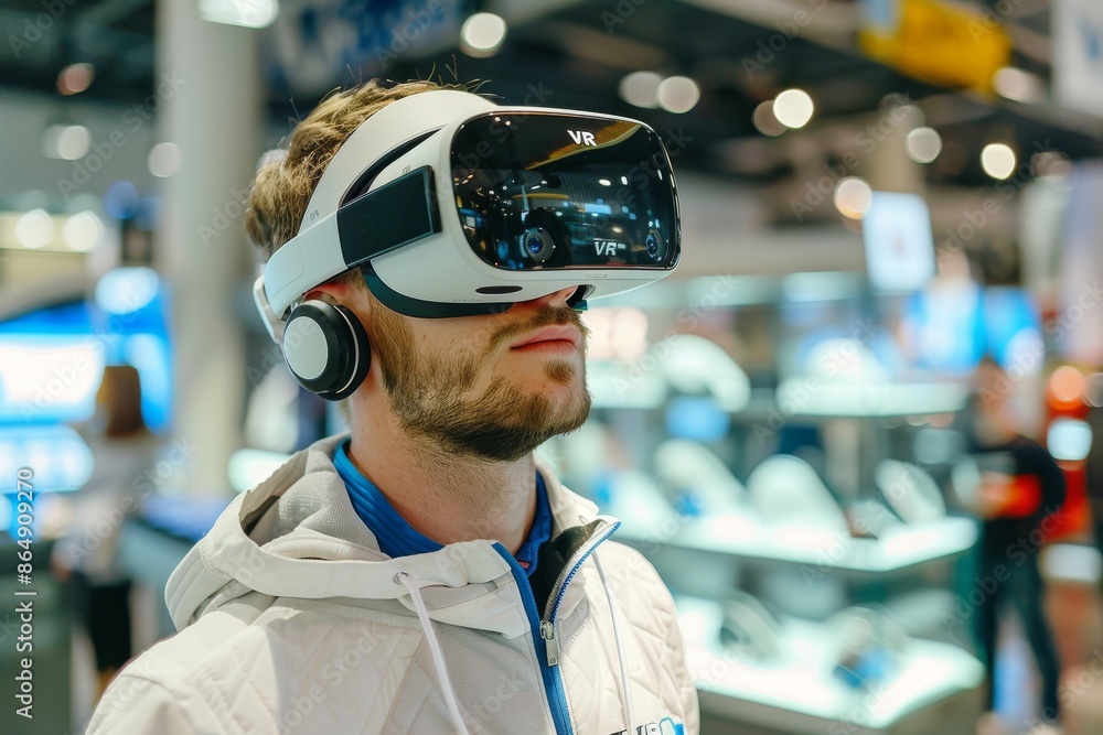 Poster man using vr headset in a tech exhibition, exploring immersive virtual reality and advanced digital 