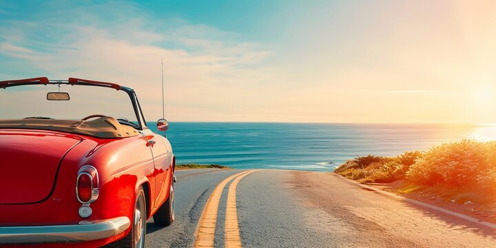 Vintage red convertible driving along a scenic coastal road at sunset, with breathtaking ocean views and clear blue skies.
