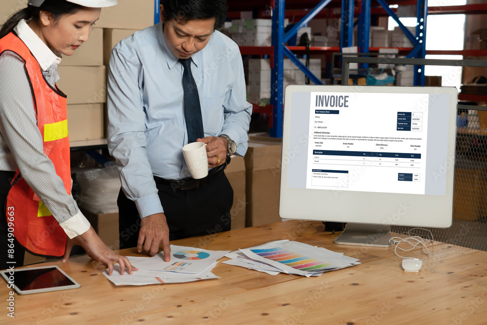 Poster invoice on computer screen from accounting application. computer program for financial and budget of