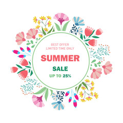Summer sale vector banner template. Summer sale shop now text with elements like umbrella, fruits floater and palm leaves for tropical beach advertisement discount promo. Vector illustration
