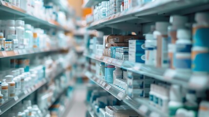 View of pharmacy shelves full of medicine bottles.