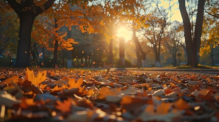 Golden leaves blanket the ground in a park, with the sun shining through the branches of trees.