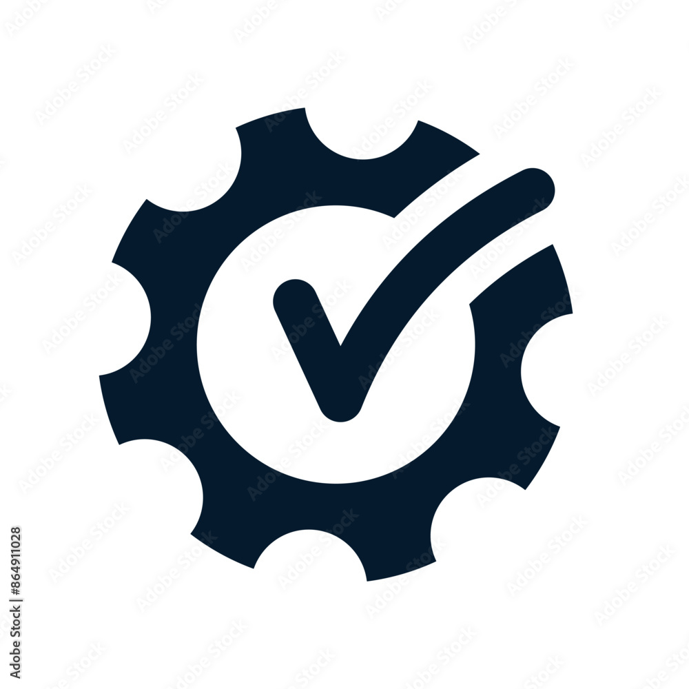 Poster gear, check mark. concept optimization, workflow. vector linear icon isolated on white background.