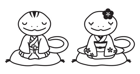 和服を着たかわいいヘビの夫婦のイラスト、巳年の年賀状素材（モノクロ線画）