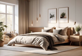 Fototapeta premium inviting scandinavian bedroom comfortable bedding cozy textiles neutral tones, interior, design, decor, modern, stylish, minimalistic, elegant, serene