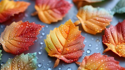 Close-up of colorful autumn leaves with raindrops