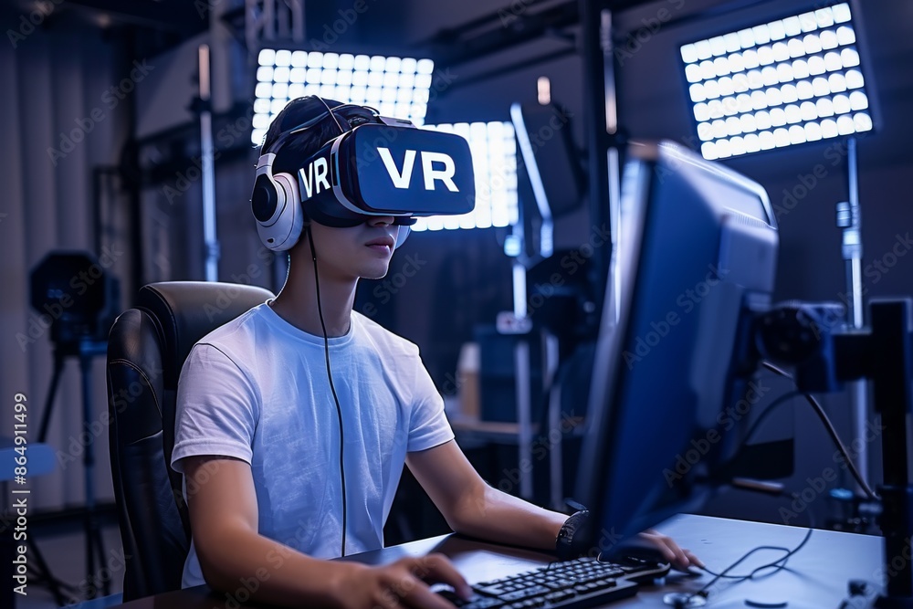 Poster man using vr headset in a tech lab, exploring immersive virtual reality and advanced digital technol