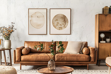 Front view boho home interior design of modern minimal living room