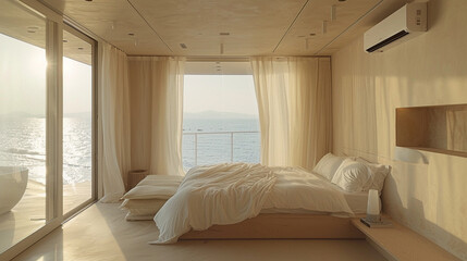 Minimalist bedroom with panoramic ocean view and large windows.