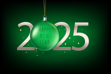 Happy New 2025 Year card with green christmas bauble. 3d vector illustration
