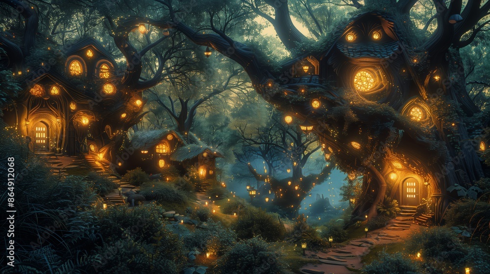 Poster a whimsical forest scene with glowing tree houses nestled among the branches of ancient trees, illum