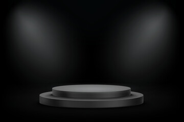 Black studio with projectors and podium. 3d vector mockup