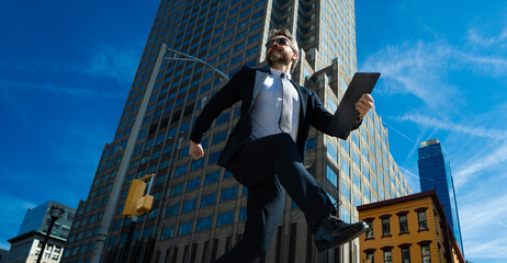 Businessman jumping in the street. Next Jump and Steps. Business Ambitions concept. Goal business...